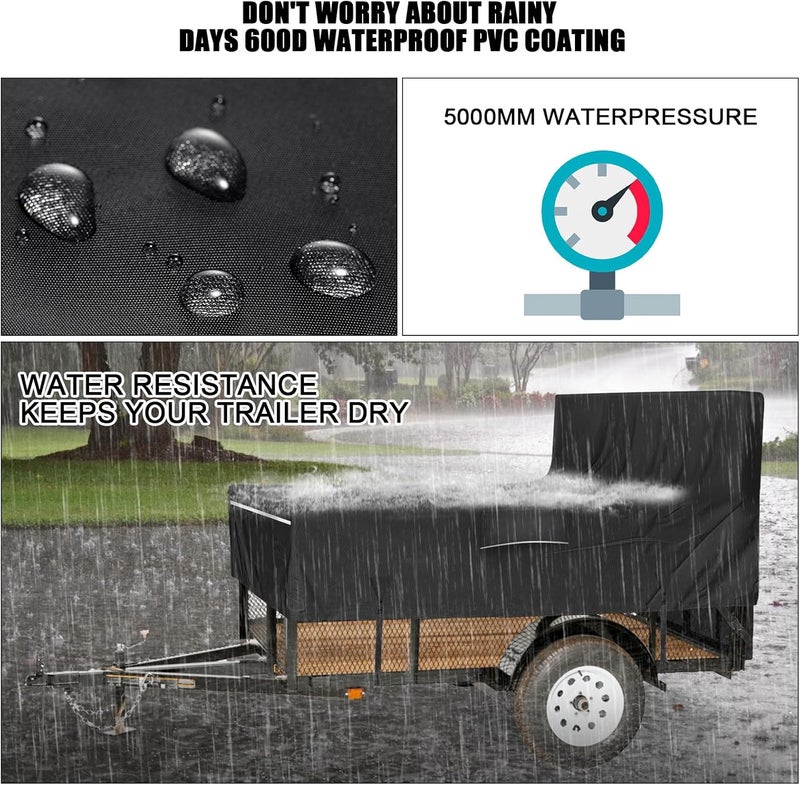 FGENKI Utility Trailer Cover, 5x8 Trailer Cover with Rear Landscape/Ramp Gate 48” to 60” high, 600D Waterproof Windproof Heavy Duty Black Dump Trailer Cover, Fits 5 x 8 FT (W x L) - Image 5
